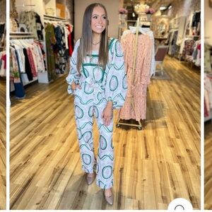 NWOT BTFL Life Eyelet Belted Odelia Jumpsuit in Cream, Pink, and Green